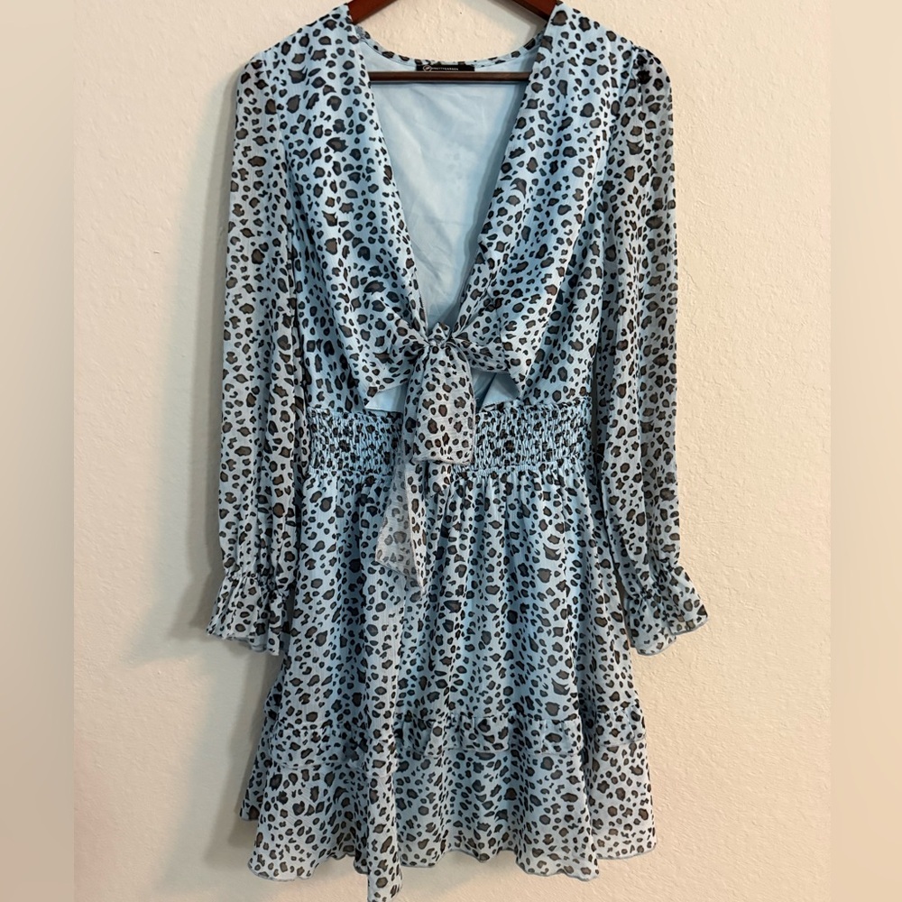 PrettyGarden Light Blue Leopard Print Mini Dress